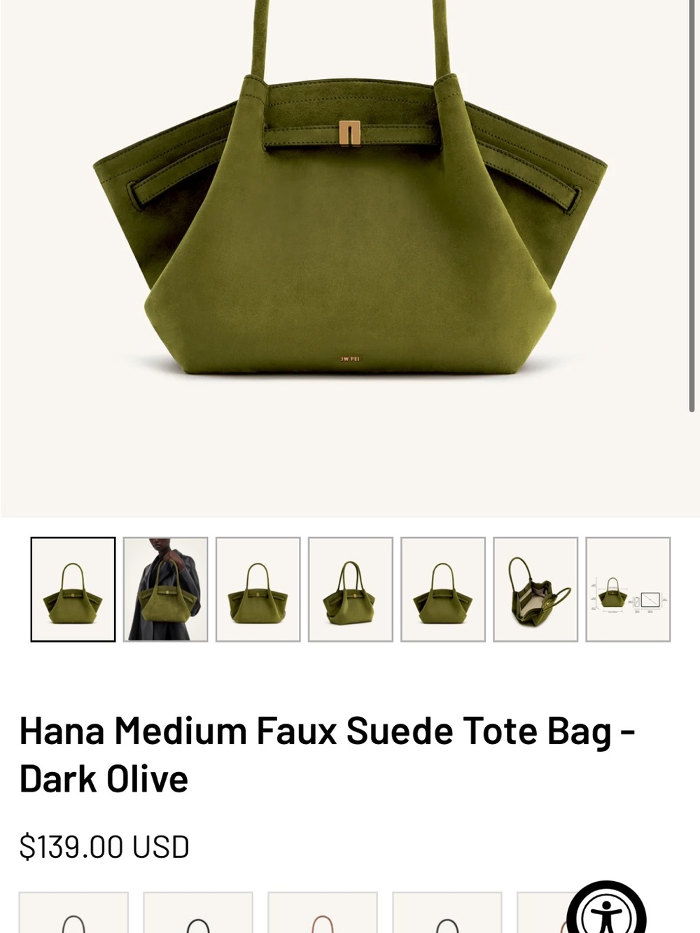 BNWT JW Pei Hana Medium Faux Suede Tote Bag Dark Olive - Picture 5 of 5